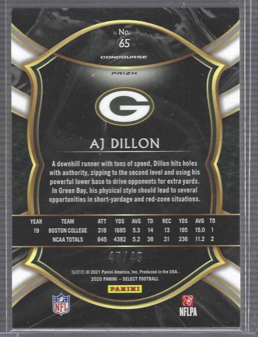 AJ DILLON 2020 PANINI SELECT CONCOURSE ORANGE PRIZM ROOKIE RC #D 47/49