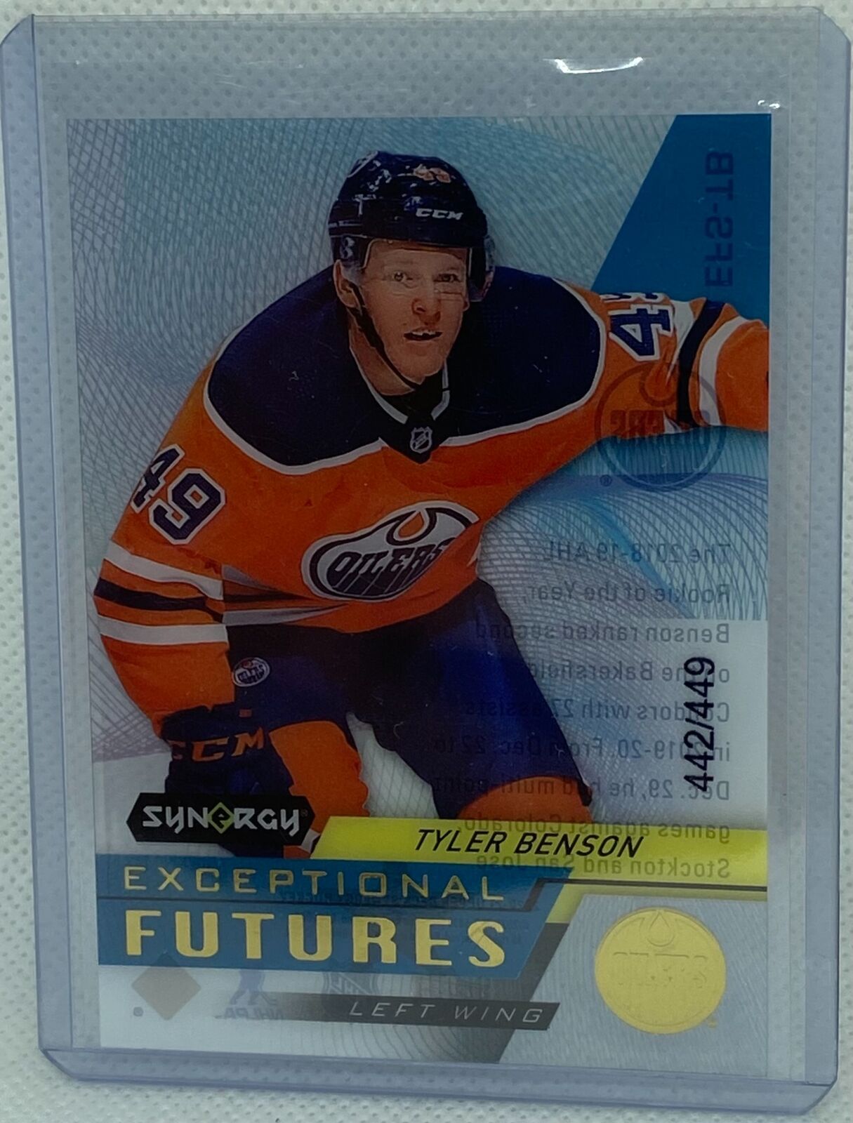 TYLER BENSON 2020-21 UPPER DECK SYNERGY EXCEPTIONAL FUTURES GOLD #D 442/449