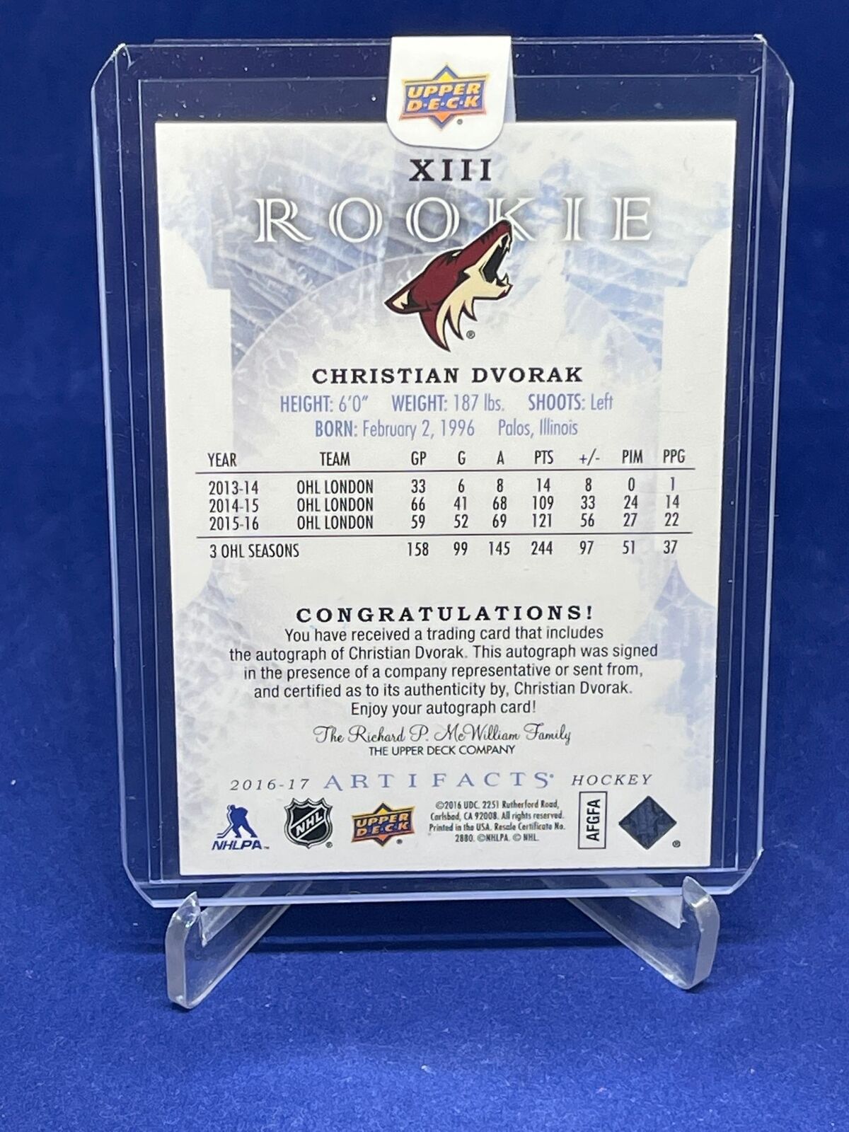 CHRISTIAN DVORAK 2016-17 UD ARTIFACTS ROOKIE AUTO RC #D 43/135