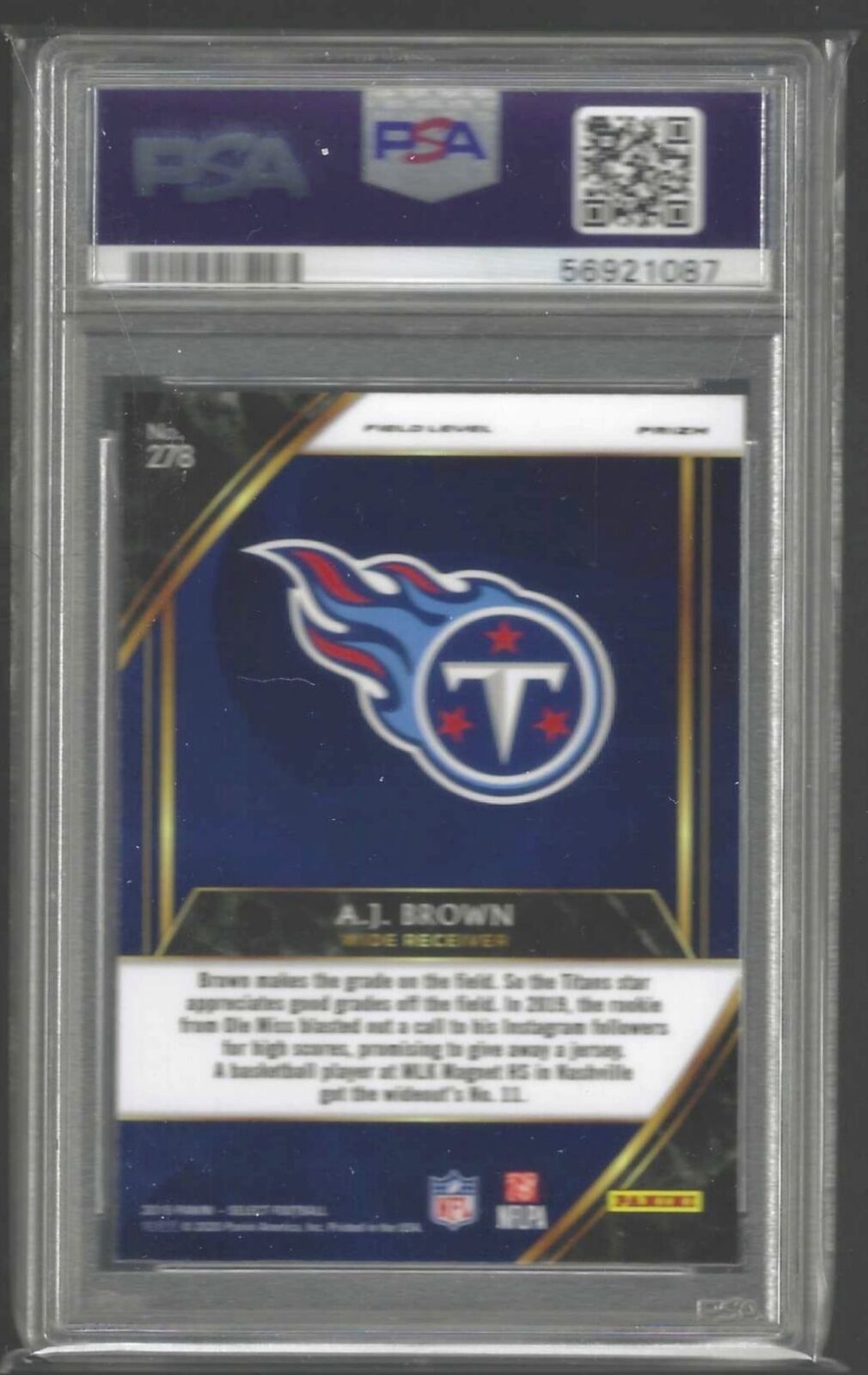 AJ BROWN 2019 PANINI SELECT FIELD LEVEL SILVER PRIZM ROOKIE RC #278 PSA 9 MINT