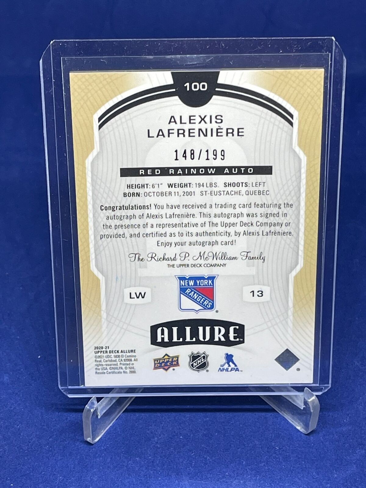 ALEXIS LAFRENIERE 2020-21 UPPER DECK ALLURE RED RAINBOW AUTO RC #D 148/199
