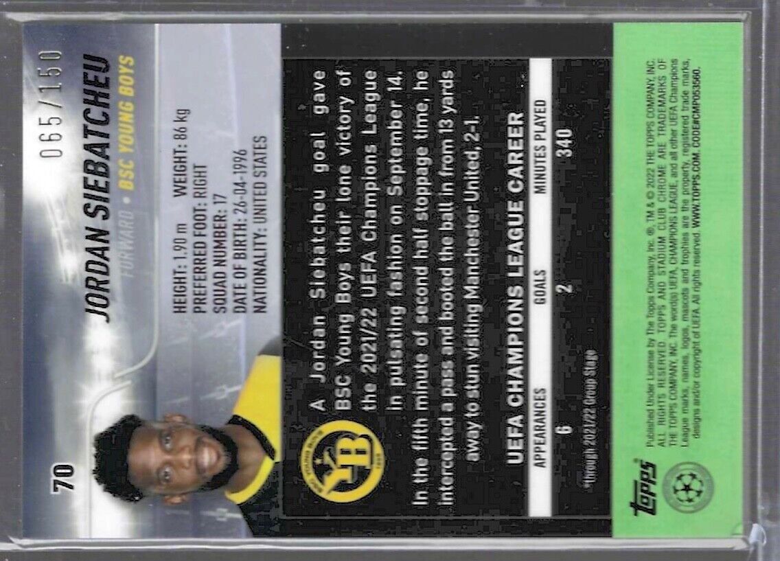 JORDAN SIEBATCHEU 2021-22 TOPPS STADIUM CLUB CHROME GREEN REFRACTOR RC #D 65/150