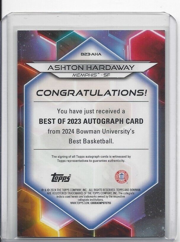 ASHTON HARDAWAY 2023 BOWMANS BEST UNIVERSITY MEMPHIS REFRACTOR AUTO #D /125
