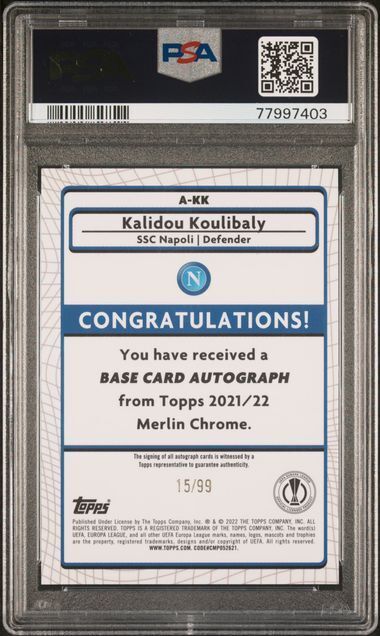 KALIDOU KOULIBALY 2021-22 TOPPS MERLIN CHROME MOJO REFRACTOR AUTO /99 PSA 10 GEM