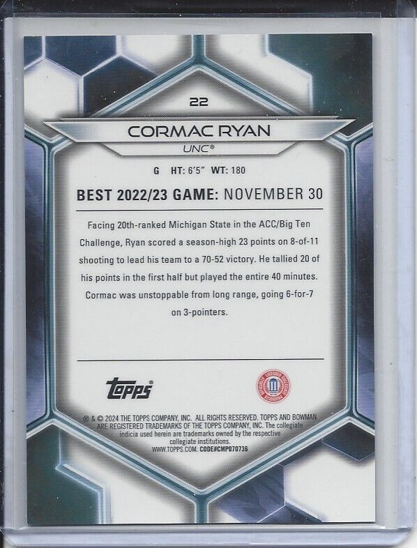 CORMAC RYAN 2023 BOWMANS BEST ORANGE NORTH CAROLINA REFRACTOR #D 12/25