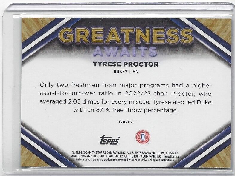 TYRESE PROCTOR 2023 BOWMANS BEST GOLD GREATNESS AWAITS REFRACTOR #D 50/50