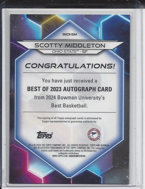 SCOTTY MIDDLETON 2023 BOWMANS BEST UNIVERSITY OHIO STATE REFRACTOR AUTO #D 6/125