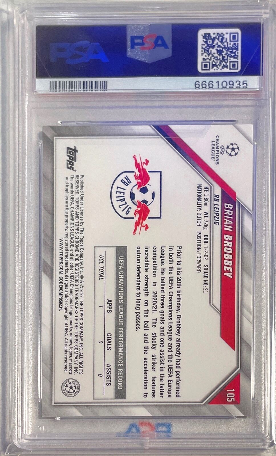 BRIAN BROBBEY 2021 TOPPS CHROME BLACK WHITE RAYWAVE REFRACTOR RC 105 PSA 10 POP4