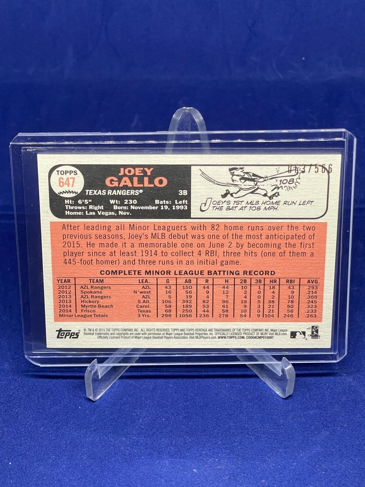 JOEY GALLO 2015 TOPPS HERITAGE CHROME REFRACTOR ROOKIE RC #D 63/566