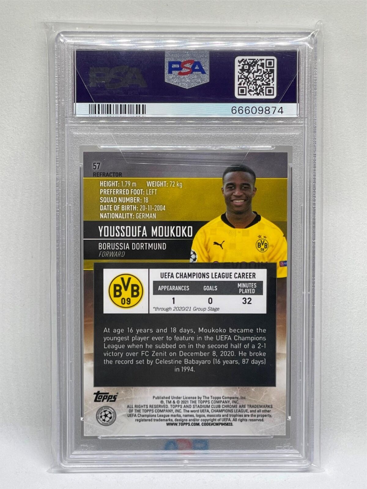 YOUSSOUFA MOUKOKO 2020-21 STADIUM CLUB CHROME REFRACTOR ROOKIE RC #57 PSA 9