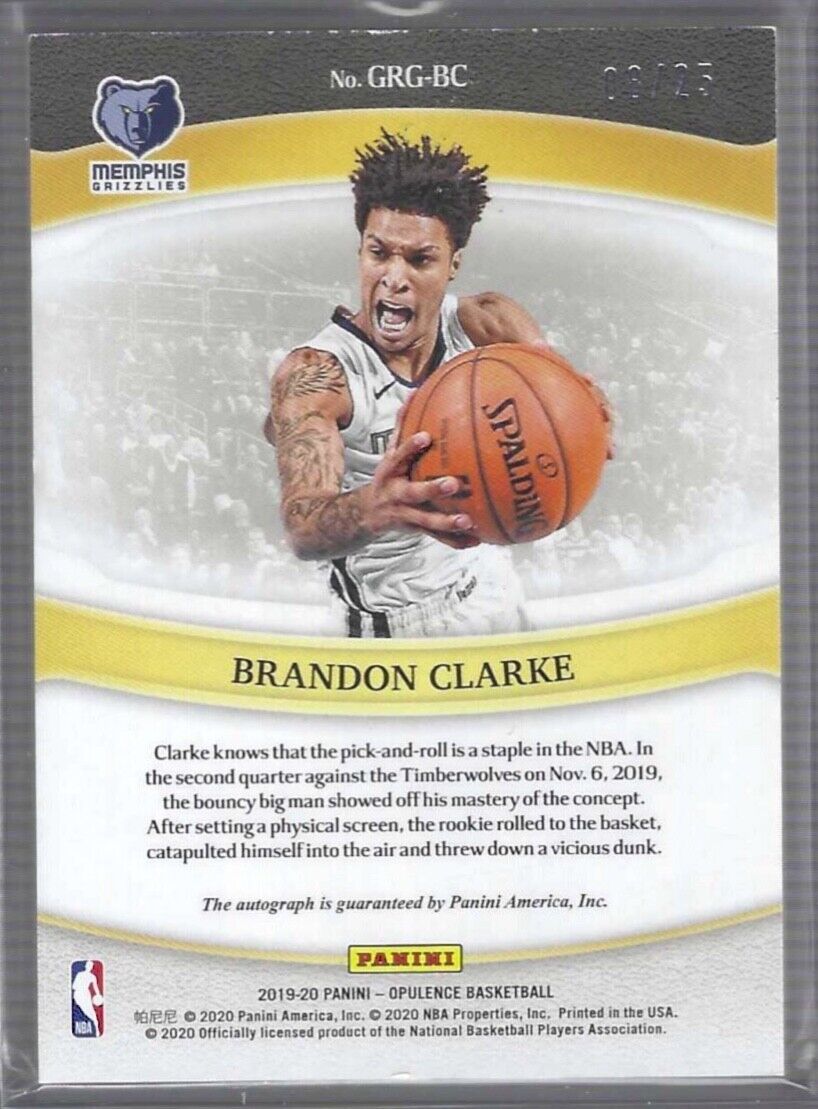 BRANDON CLARKE 2019-20 PANINI OPULENCE GOLDEN ROOKIE ON CARD AUTO RC #D 08/25