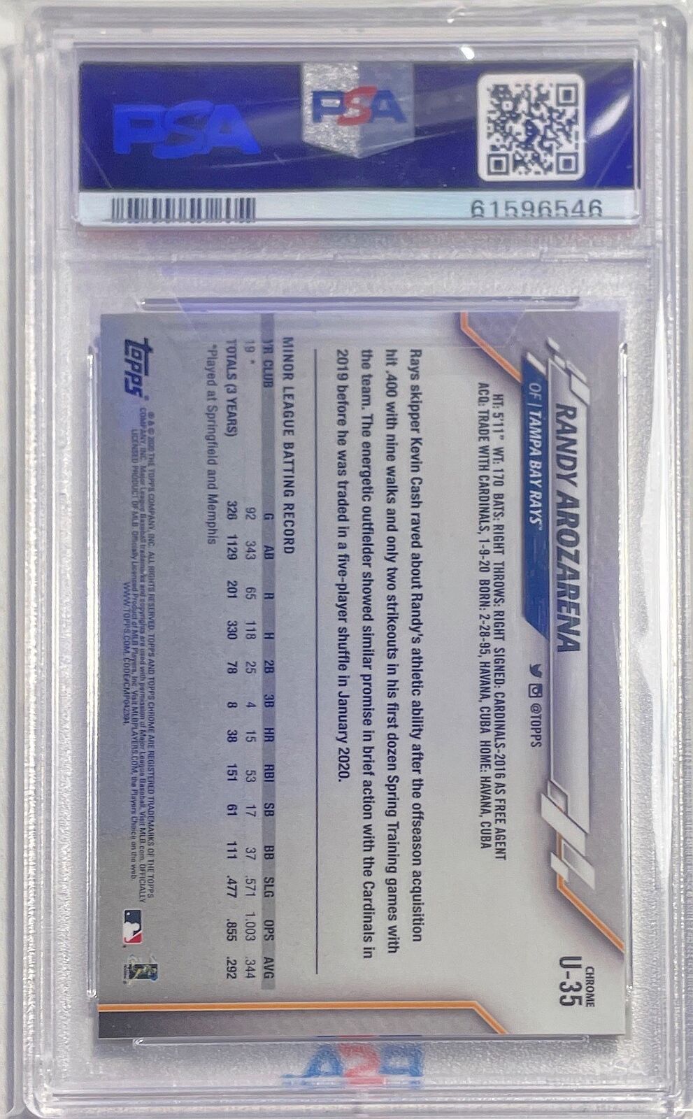 RANDY AROZARENA 2020 TOPPS CHROME UPDATE ROOKIE RC #U35 PSA 10 GEM MINT