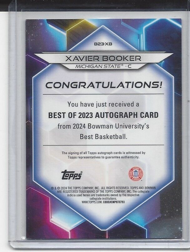 XAVIER BOOKER 2023 BOWMANS BEST UNIVERSITY MICHIGAN ST REFRACTOR AUTO #D 7/125