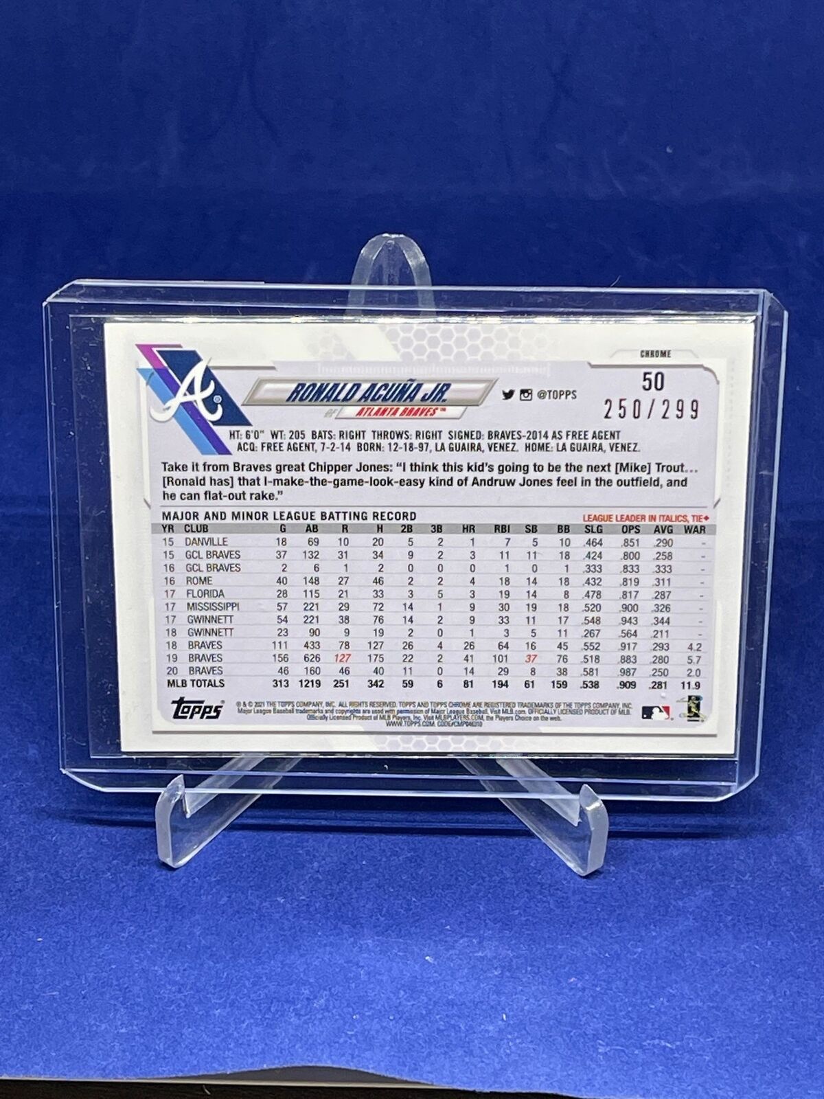 RONALD ACUNA JR 2021 TOPPS CHROME PURPLE REFRACTOR #D 250/299