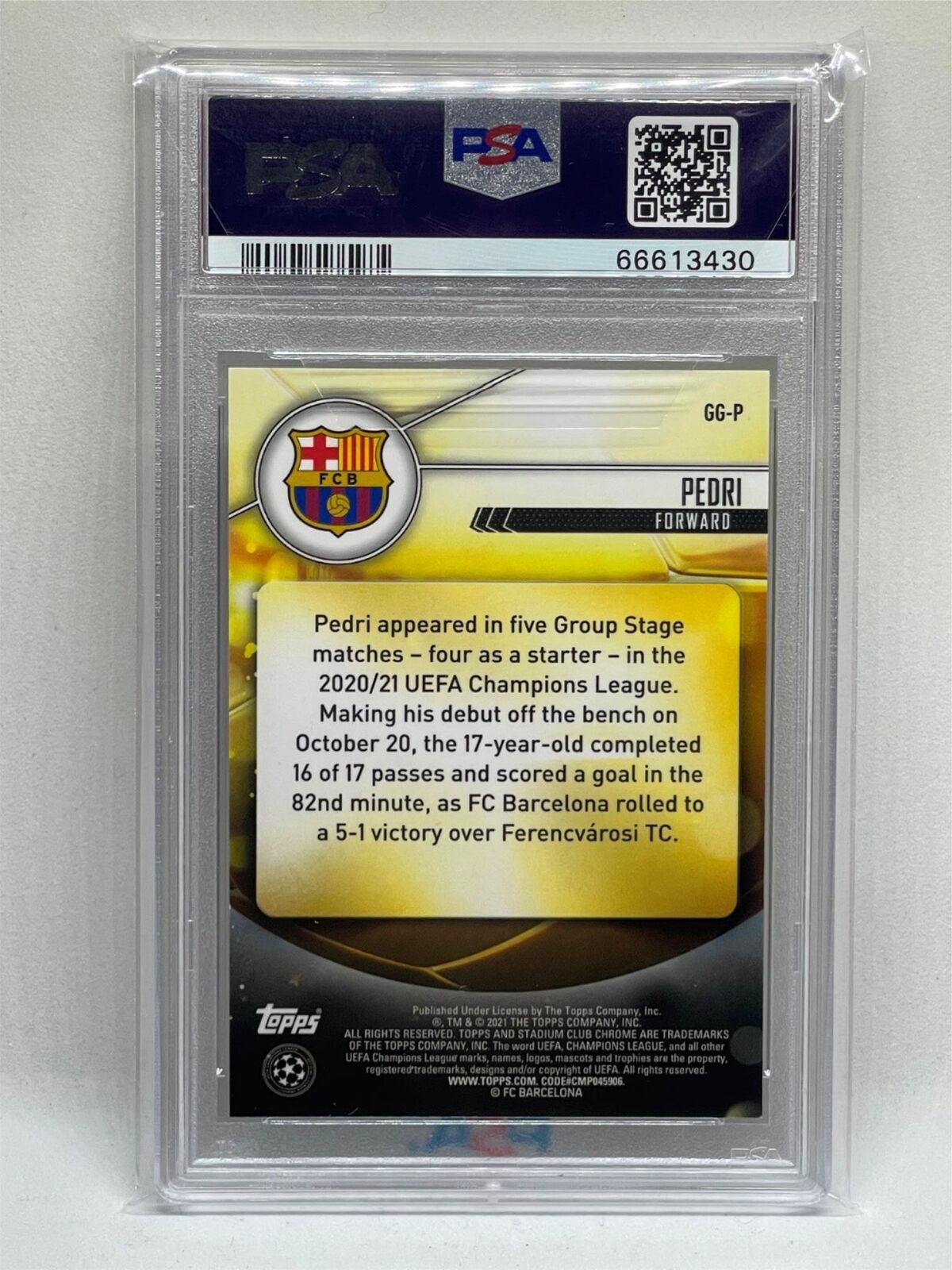 PEDRI 2020 TOPPS STADIUM CLUB CHROME UCL GLIMPSES OF GOLD REFRACTOR RC PSA 9