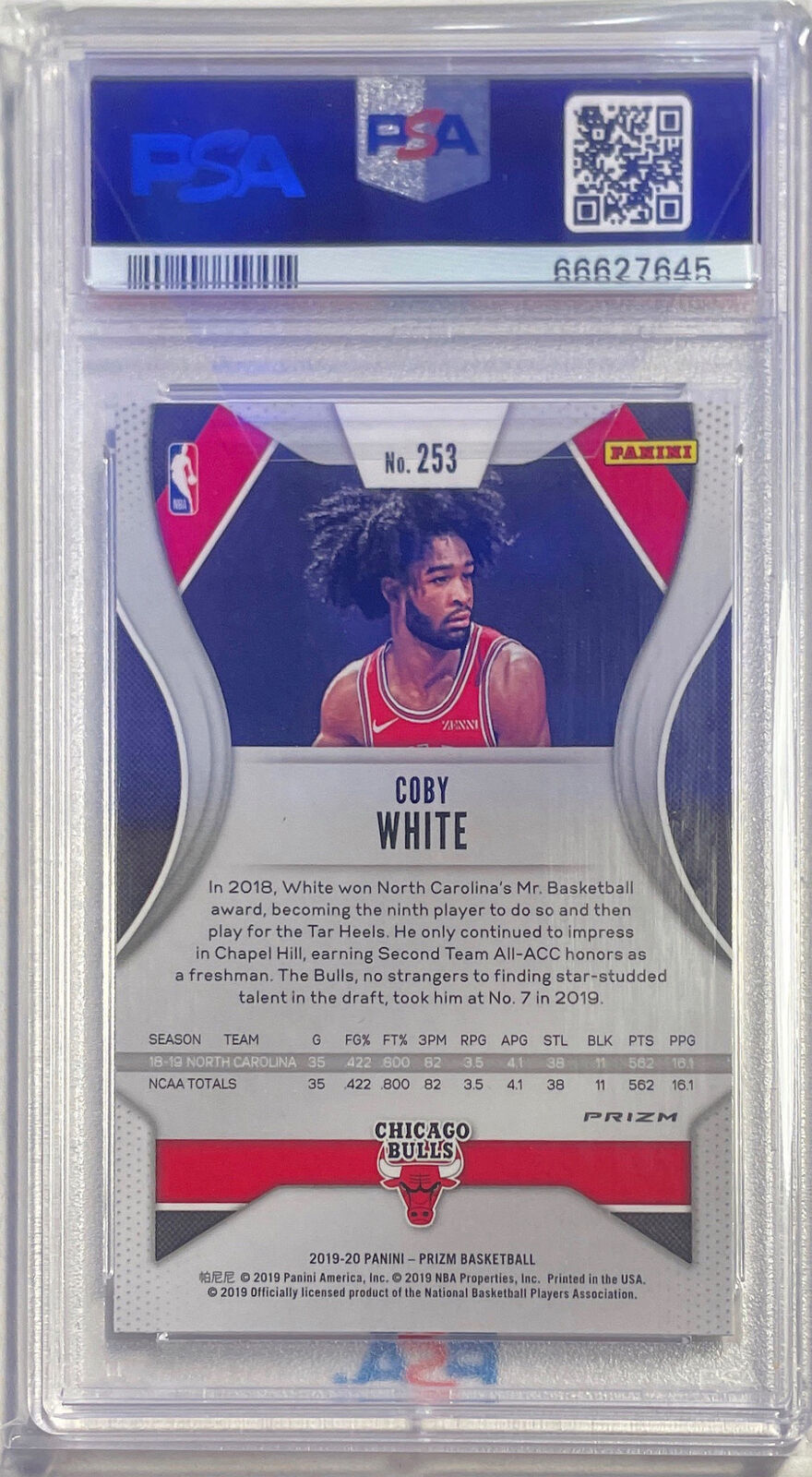 COBY WHITE 2019-20 PANINI PRIZM HYPER PRIZM ROOKIE RC #253 PSA 9 MINT
