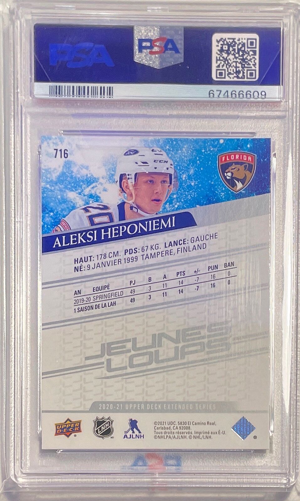 ALEKSI HEPONIEMI 2020 UPPER DECK JEUNES LOUPS YOUNG GUNS FRENCH 716 PSA 10 POP 2