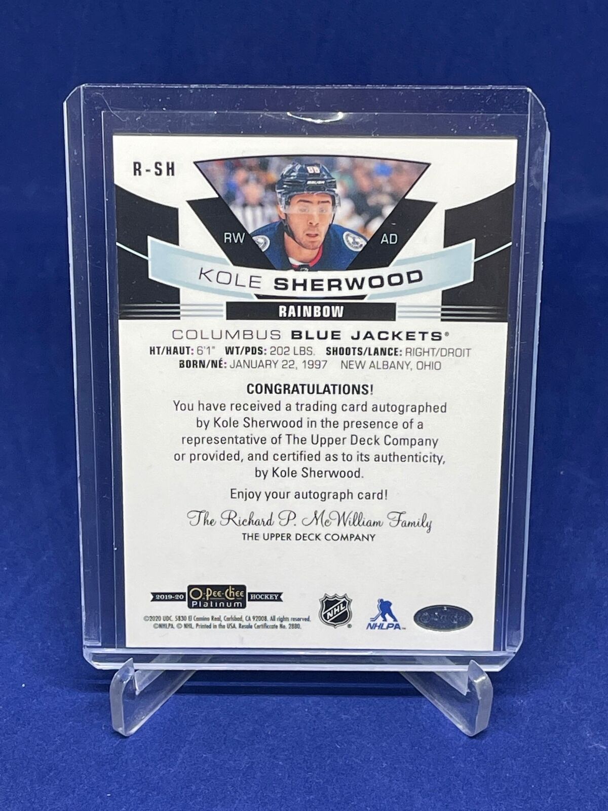 KOLE SHERWOOD 2019-2020 O-PEE-CHEE PLATINUM RAINBOW ROOKIE AUTO REFRACTOR RC