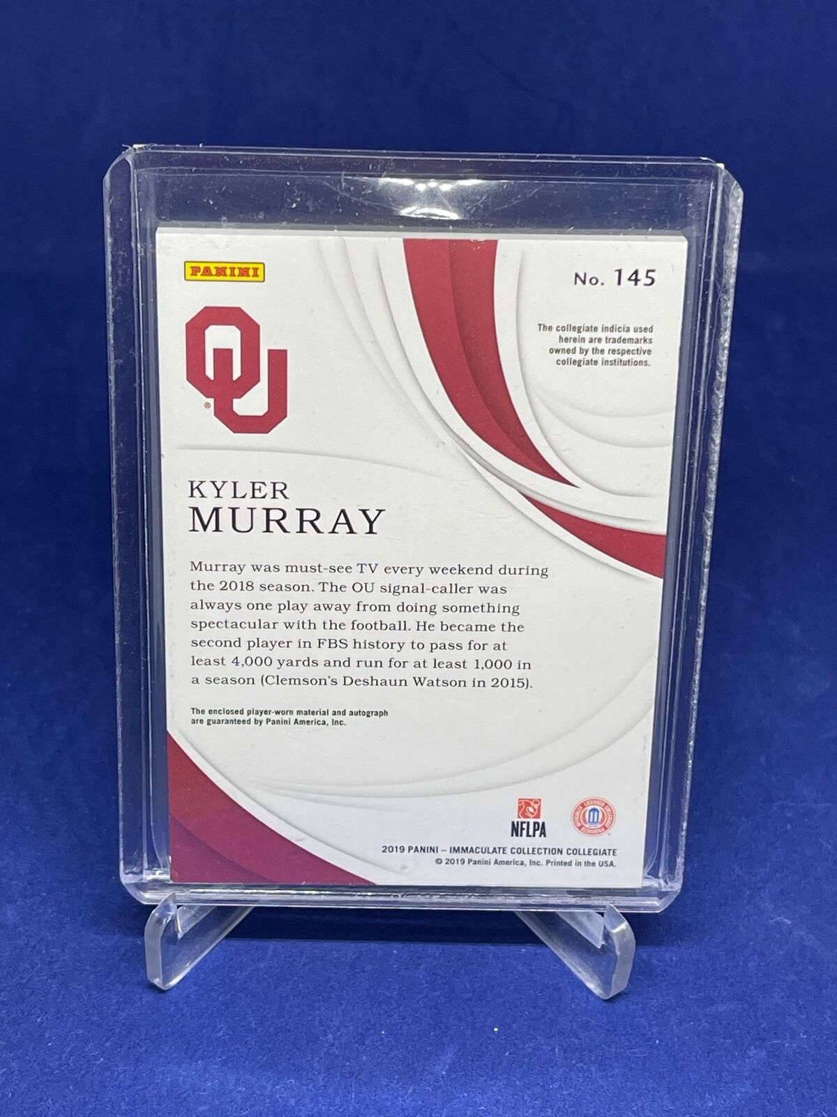 KYLER MURRAY 2019 PANINI IMMACULATE RPA ROOKIE PATCH ON CARD AUTO RC #D 18/99