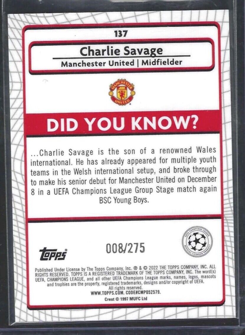 CHARLIE SAVAGE 2021-22 TOPPS MERLIN PINK MOJO REFRACTOR ROOKIE RC #D 008/275
