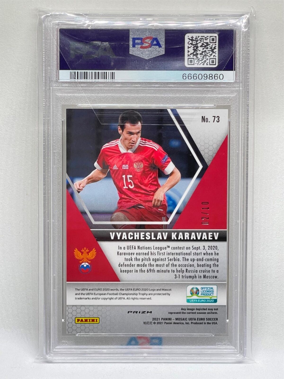 VYACHESLAV KARAVAEV 2020 MOSAIC GOLD FLUORESCENT PRIZM RC #D 2/10 PSA 10 POP 1/1