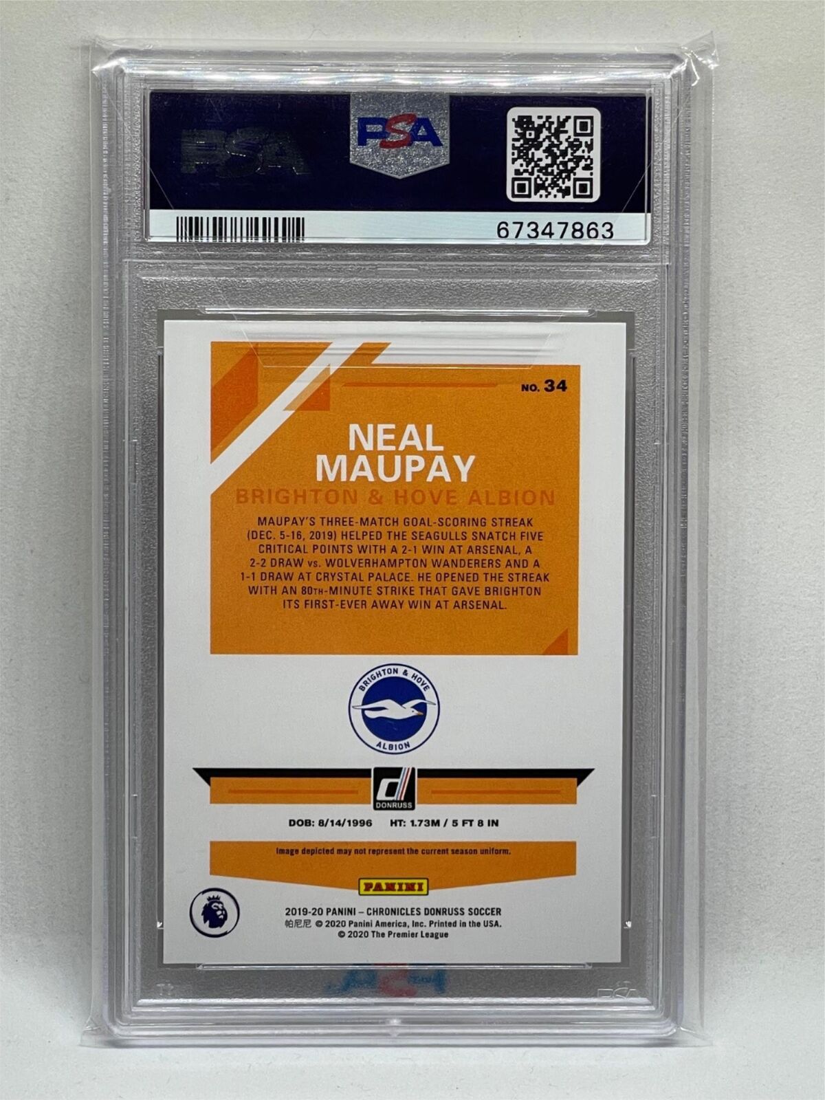 NEAL MAUPAY 2019 PANINI CHRONICLES EPL ORANGE LASER PRESS PROOF #34 RC PSA 10