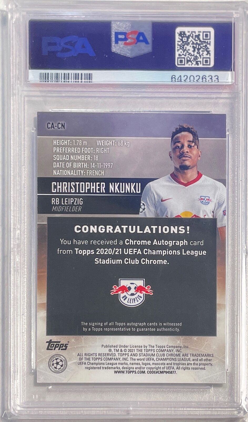 CHRISTOPHER NKUNKU 2020-21 STADIUM CLUB CHROME REFRACTOR AUTO RC PSA 10 POP 15