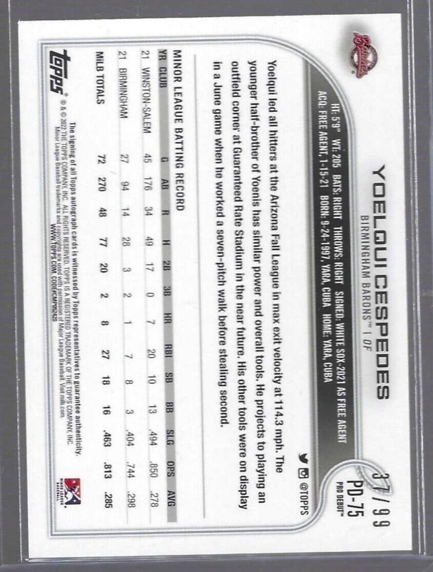 YOELQUI CESPEDES 2022 TOPPS PRO DEBUT GREEN PROSPECT AUTO #D 37/99