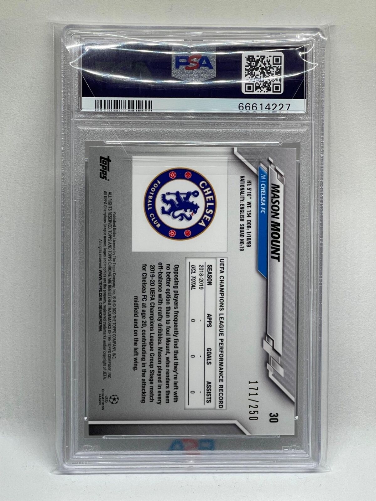 MASON MOUNT 2019-20 TOPPS CHROME UCL PURPLE REFRACTOR RC #D 171/250 PSA 9 MINT