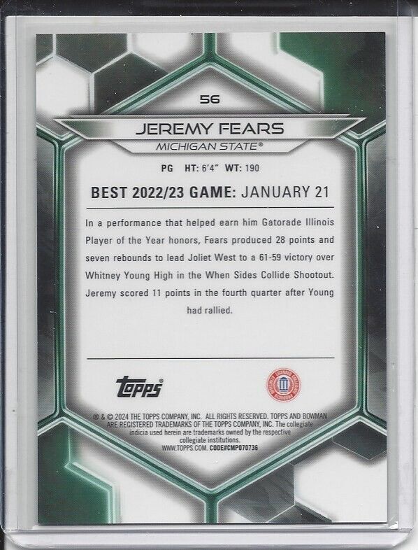 JEREMY FEARS 2023 BOWMANS BEST ORANGE MICHIGAN STATE REFRACTOR #D 20/25