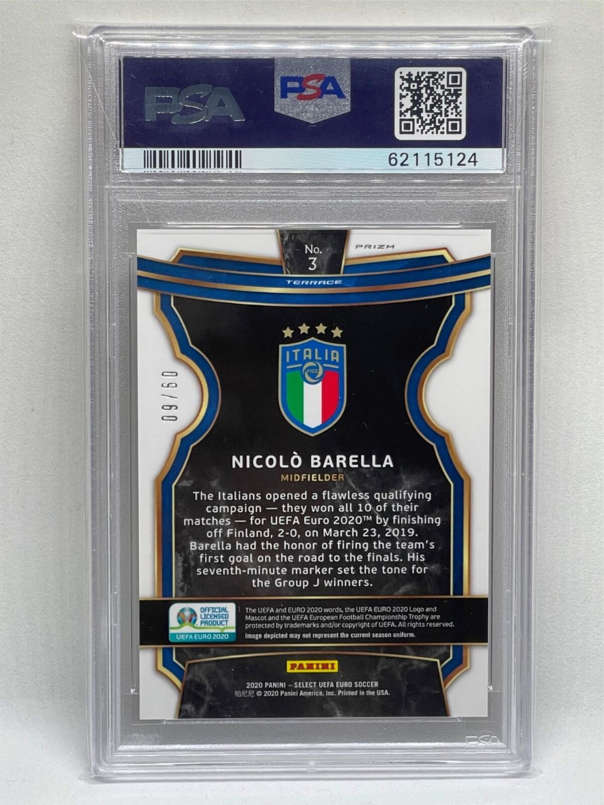 NICOLO BARELLA 2020 PANINI SELECT EURO CAMO PRIZM ROOKIE RC #D 9/60 PSA 9 POP 3