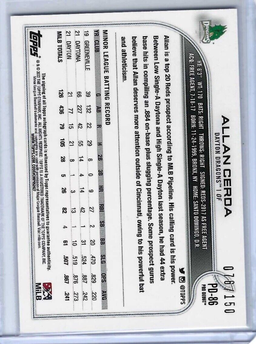 ALLAN CERDA 2022 TOPPS PRO DEBUT BLUE PROSPECT AUTO #D 076/150