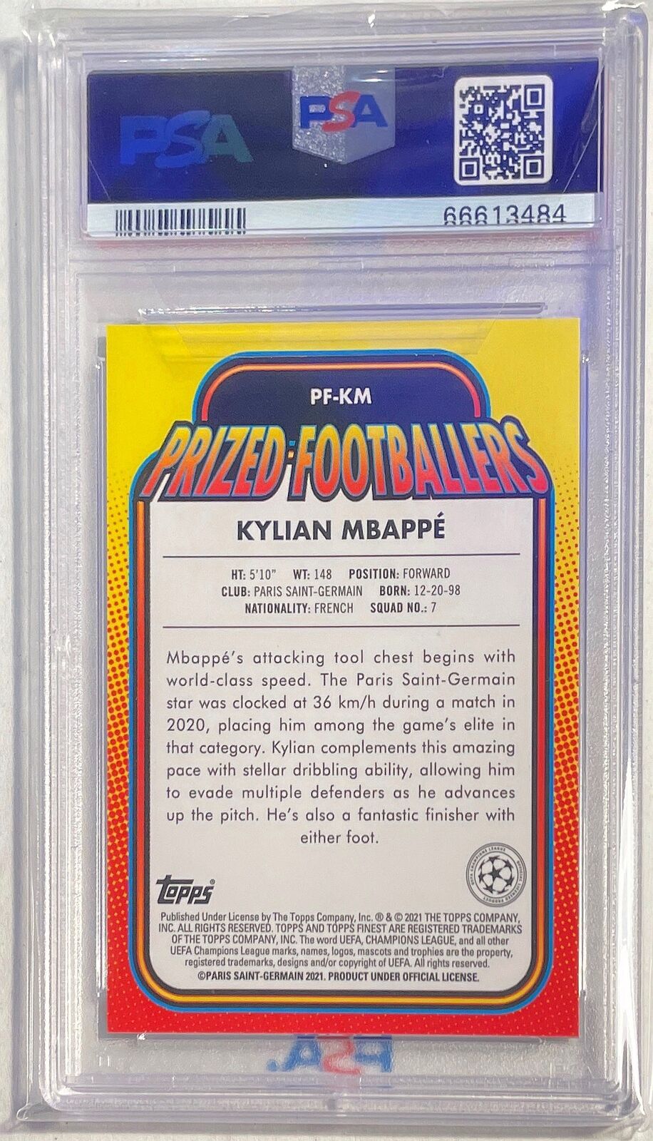 KYLIAN MBPAPPE 2020-21 FINEST UCL PRIZED FOOTBALLERS REFRACTOR PSA 10 GEM POP 10