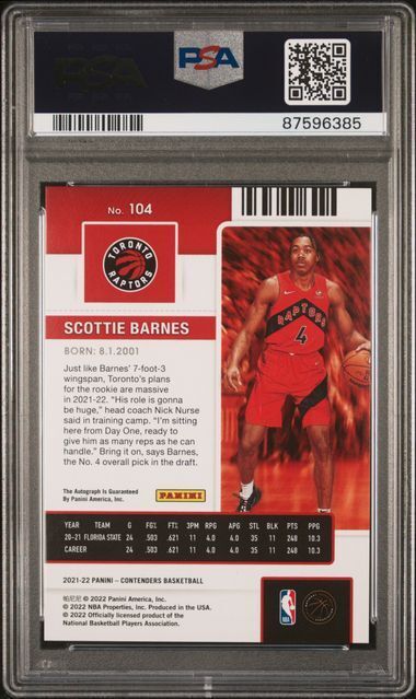 SCOTTIE BARNES 2021-22 PANINI CONTENDERS THE FINALS RC AUTO /49 PSA 9 MINT POP 6