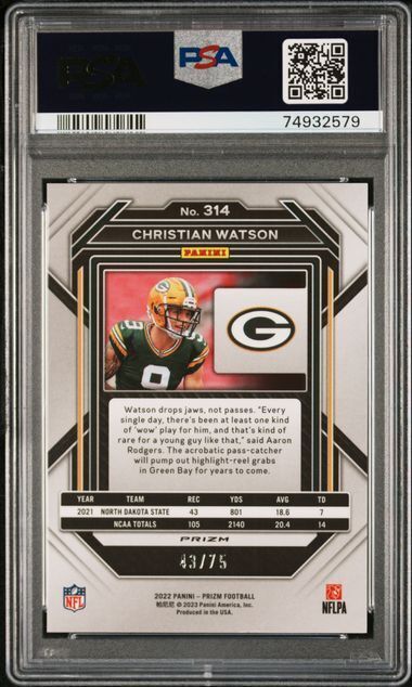 CHRISTIAN WATSON 2022 PANINI PRIZM GREEN SCOPE PRIZM RC 43/75 PSA 9 MINT POP 5