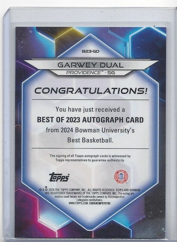 GARWEY DUAL 2023 BOWMANS BEST UNIVERSITY PROVIDENCE REFRACTOR AUTO #D 79/125