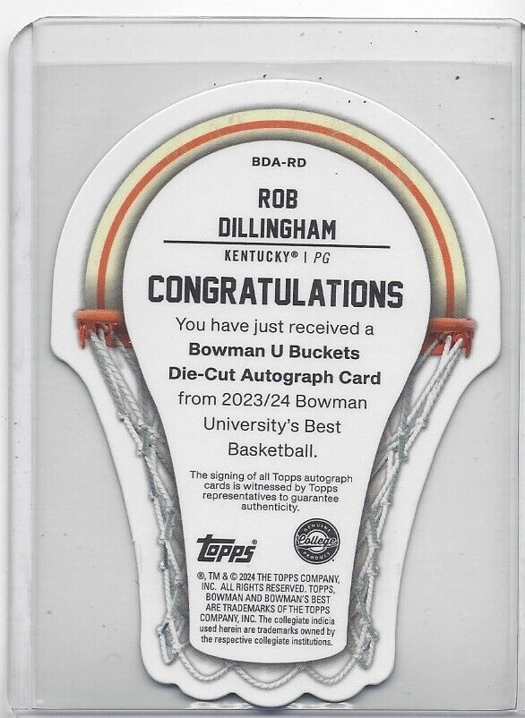 ROB DILLINGHAM 2023 BOWMANS BEST UNIV BUCKETS REFRACTOR ON CARD AUTO #D 53/75