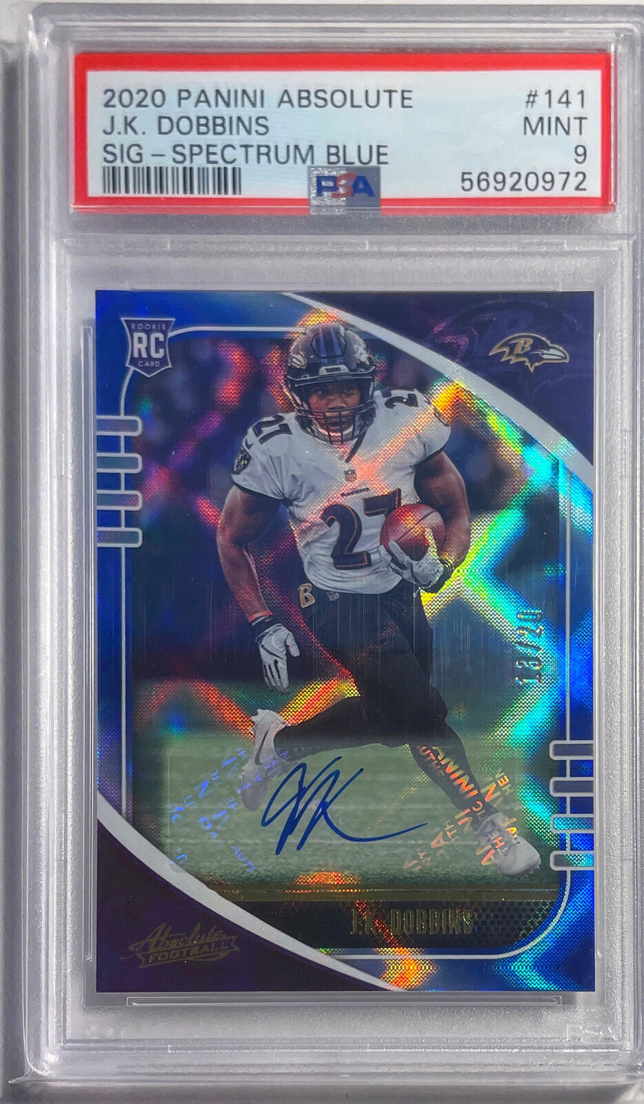 J.K. DOBBINS 2020 ABSOLUTE SPECTRUM BLUE AUTO RC #D 13/20 PSA 9 MINT POP 2