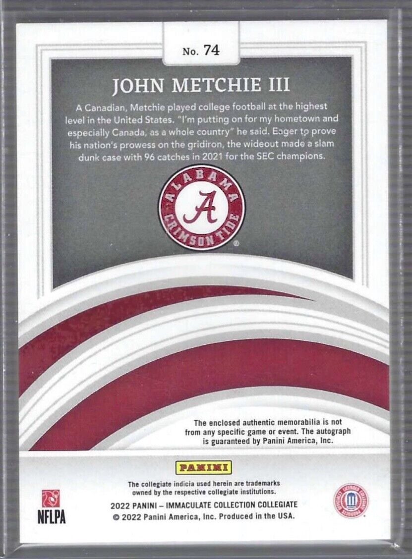 JOHN METCHIE III 2022 PANINI IMMACULATE RED RPA PATCH ON CARD AUTO RC #D 32/49
