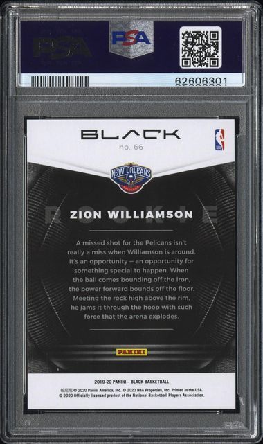 ZION WILLIAMSON 2019-20 PANINI BLACK SILVER ROOKIE RC #D 38/65 PSA 10 GEM MINT