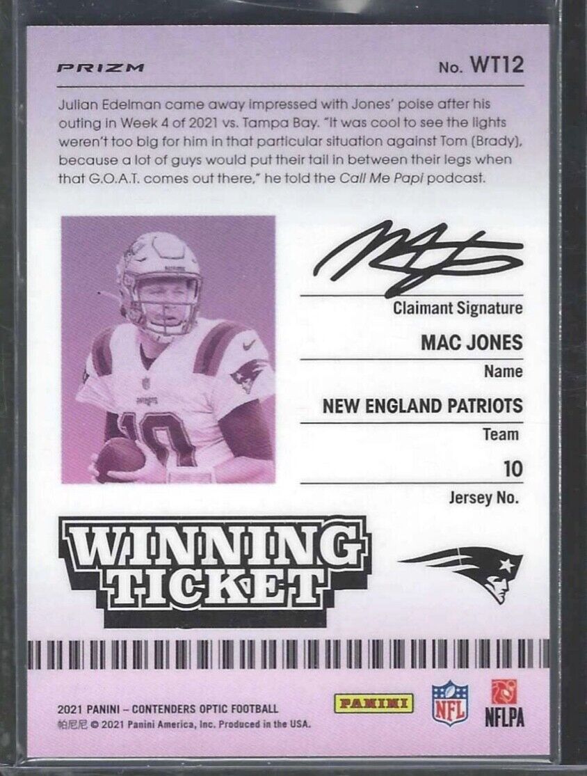 MAC JONES 2021 PANINI OPTIC CONTENDERS SILVER PRIZM WINNING TICKET HOLO RC #WT12