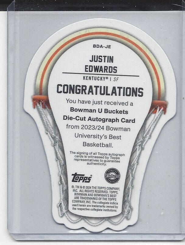 JUSTIN EDWARDS 2023 BOWMANS BEST UNIV BUCKETS REFRACTOR ON CARD AUTO #D 64/75