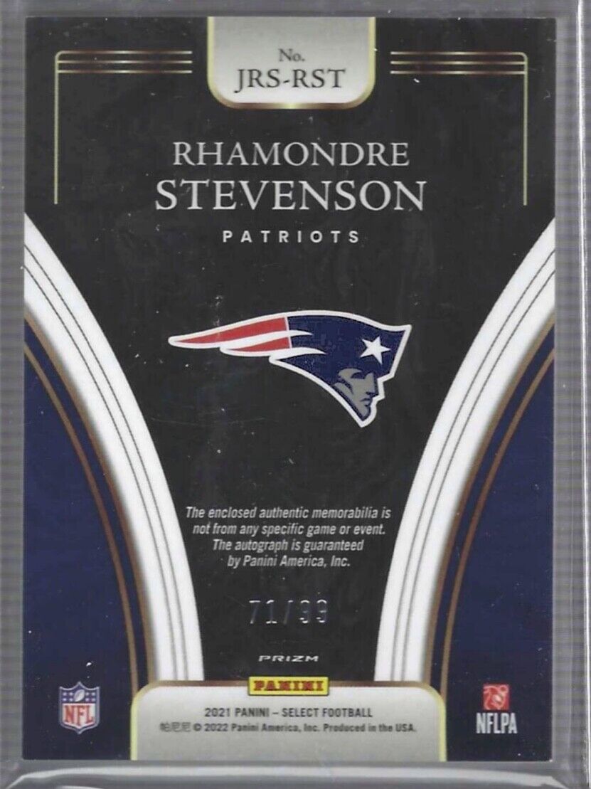 RHAMONDRE STEVENSON 2021 PANINI SELECT SILVER PRIZM ROOKIE PATCH AUTO RC #D /99