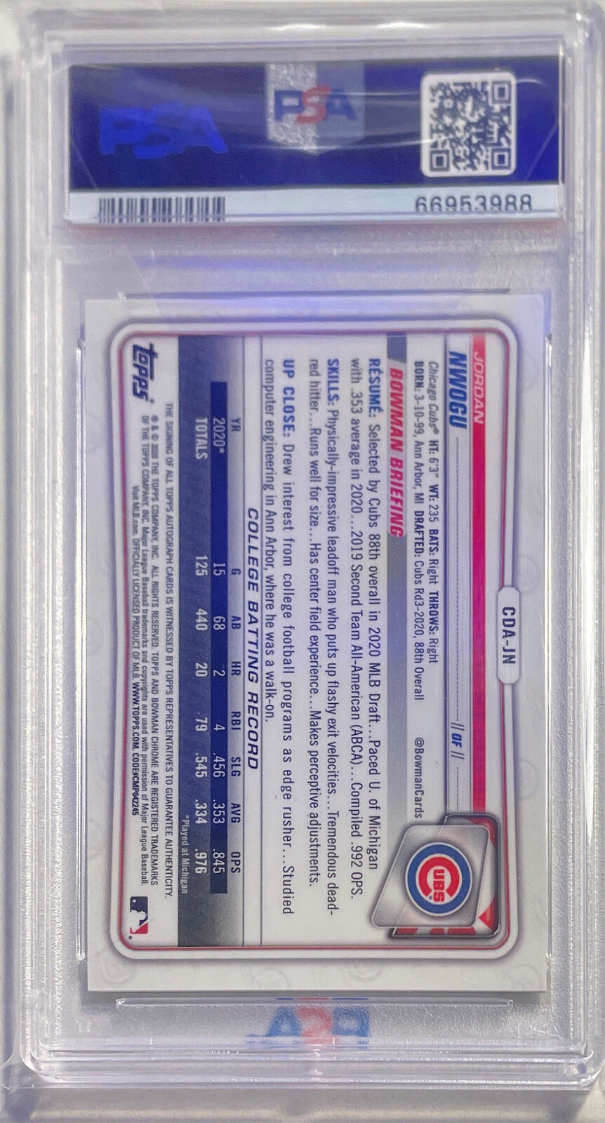 JORDAN NWOGU 2020 BOWMAN DRAFT CHROME 1ST DRAFT PICKS AUTO #CDAJN PSA 10 POP 17