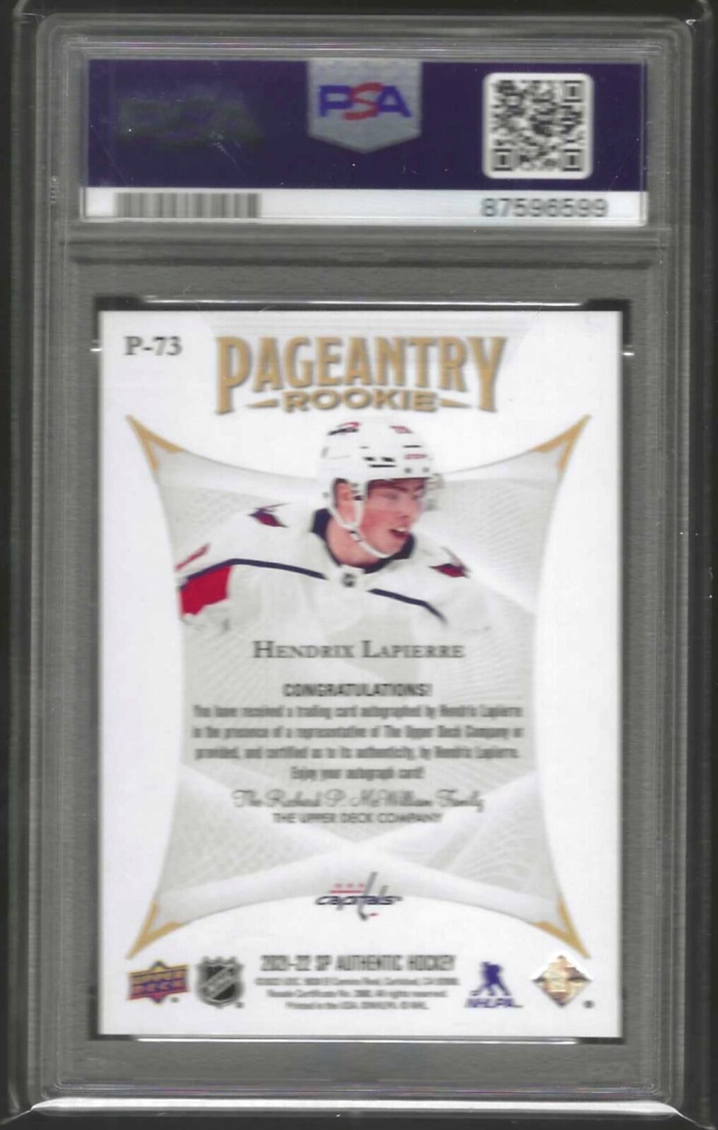 HENDRIX LAPIERRE 2021 SP AUTHENTIC PAGEANTRY ROOKIE AUTO RC #73 PSA 9 MINT POP 2