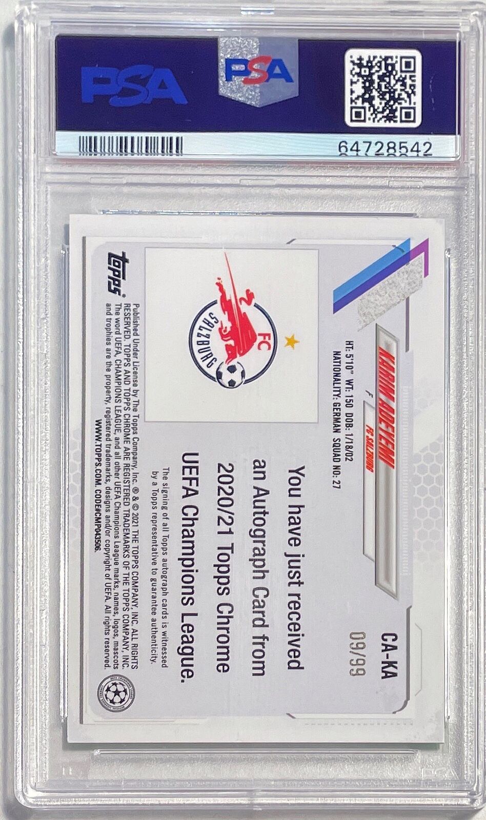 KARIM ADEYEMI 2020-21 TOPPS CHROME NEON GREEN REFRACTOR AUTO RC 9/99 PSA 9 POP 6