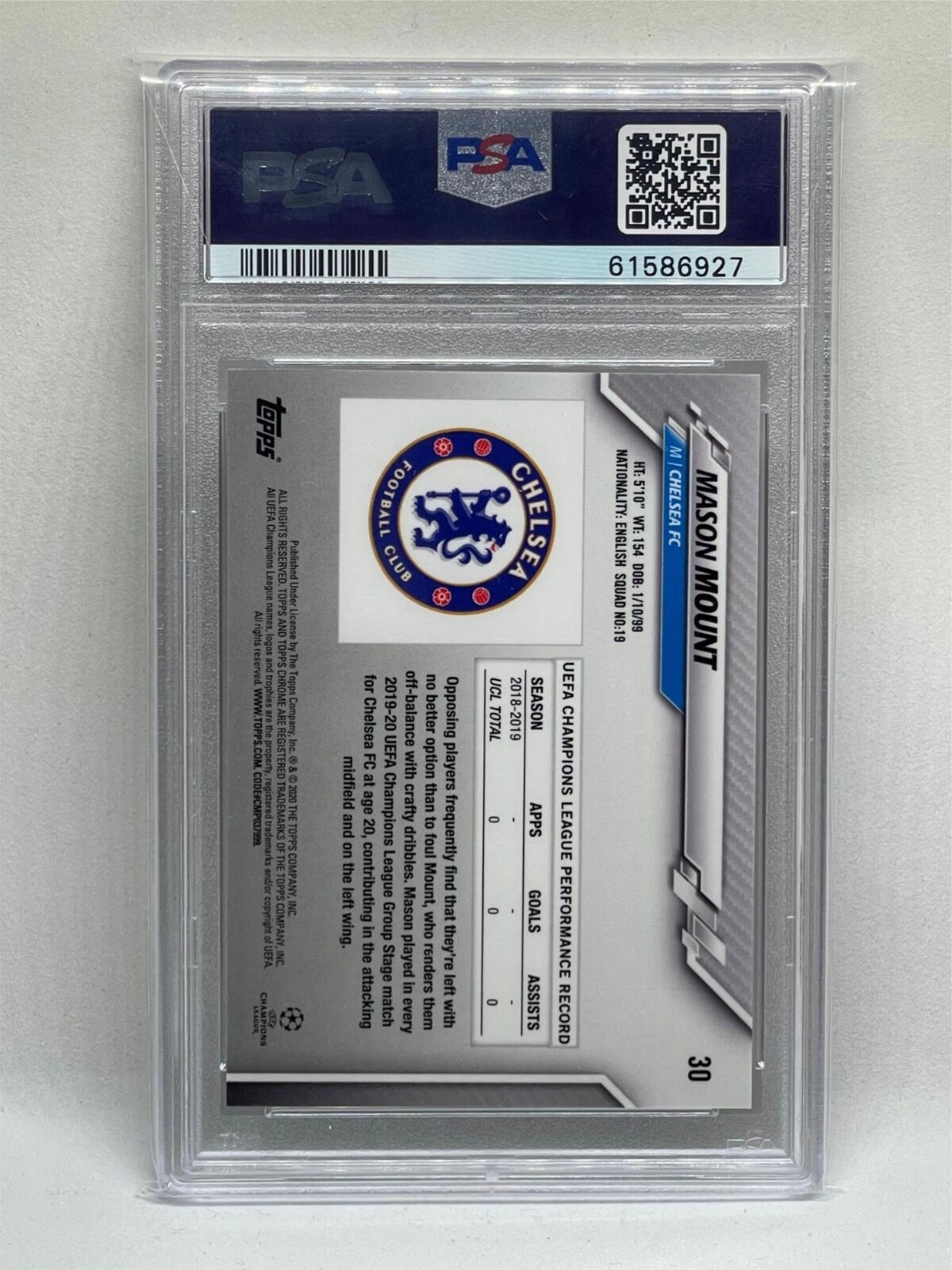 MASON MOUNT 2019-20 TOPPS CHROME UCL SPECKLE REFRACTOR REFRACTOR RC #30 PSA 9