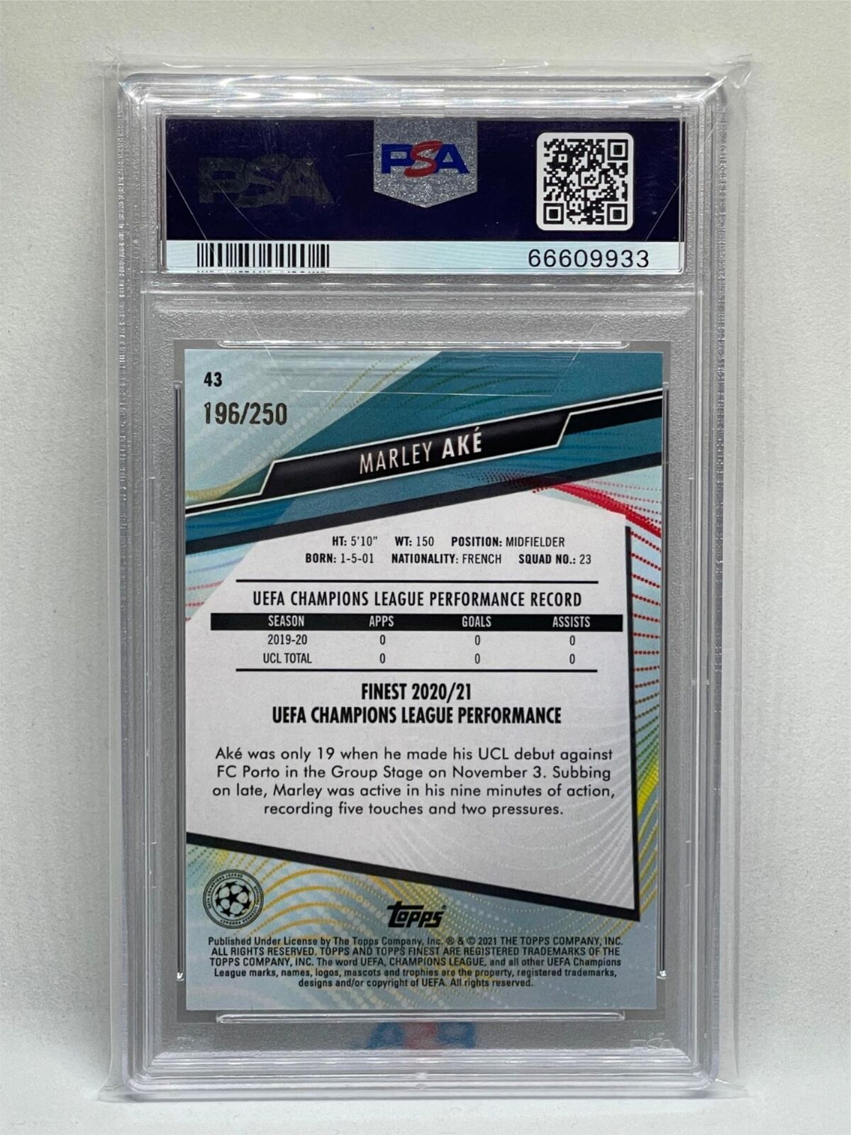 MARLEY AKE 2020 TOPPS FINEST PURPLE REFRACTOR RC #D 196/250 PSA 10 GEM POP 1/1