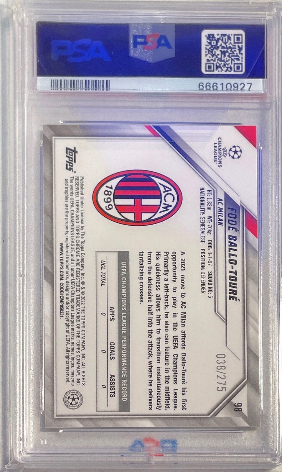 FODE BALLO TOURE 2021-22 TOPPS CHROME DIAMOND REFRACTOR RC /275 PSA 10 POP 1/1
