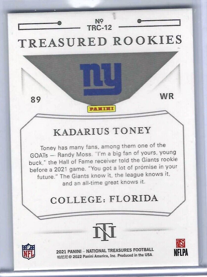 KADARIUS TONEY 2021 PANINI NATIONAL TREASURES TREASURED ROOKIES RC #D 18/25